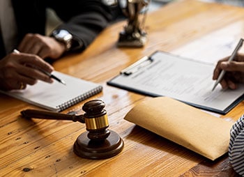 A lawyer and client discussing legal matters at a table - Sharks at Law