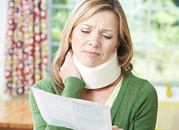 A distressed woman wearing a neck brace reads documents, after a car accident.