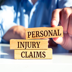 Hand stacking personal injury claims wooden blocks; legal representation for accidents in Chicago.