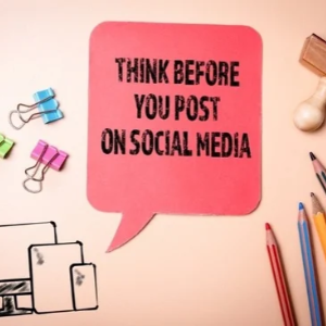 Text of "Think before you post on social media" on red paper showing the social media impact on injury claims
